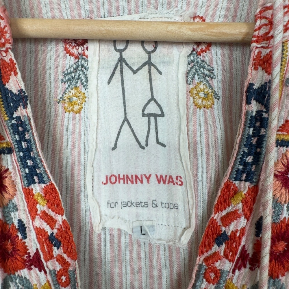 Johnny Was Pete & Greta Dress Large Pink Embroidered Striped Linen Cotton FLAW - Picture 3 of 9